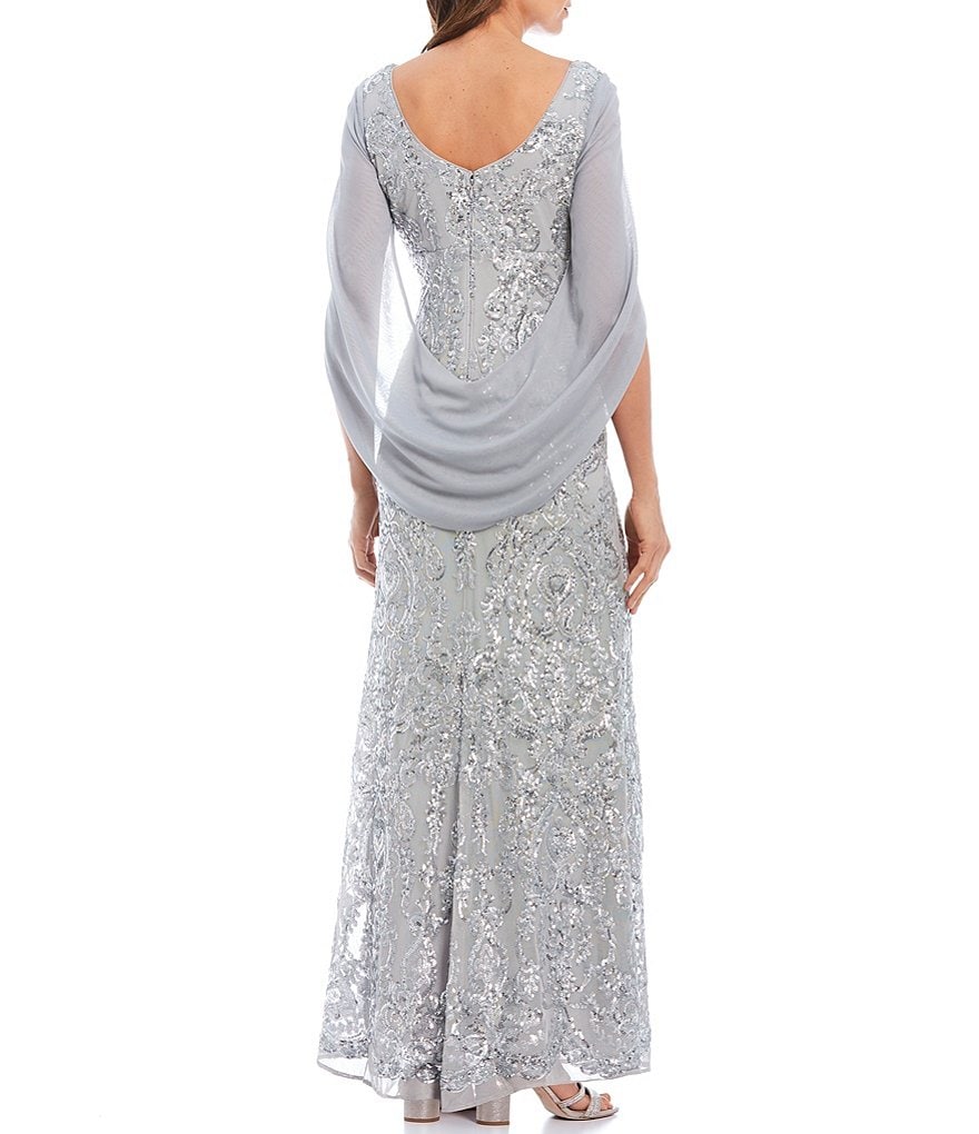 R & M Richards Matte Chiffon Draped Cowl Back Beaded Stretch Mesh Gown