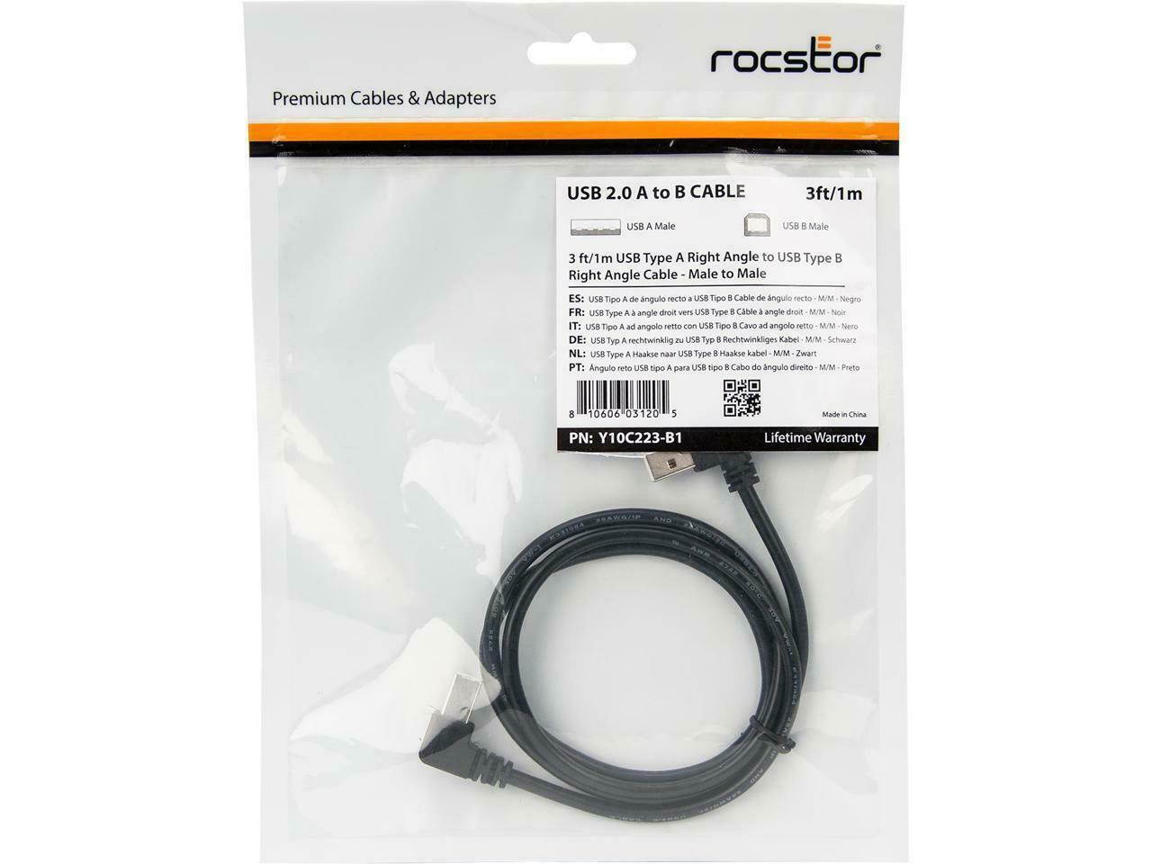 ROCSTOR Y10C223-B1 3FT USB 2.0 AB M/M 90D CABLE