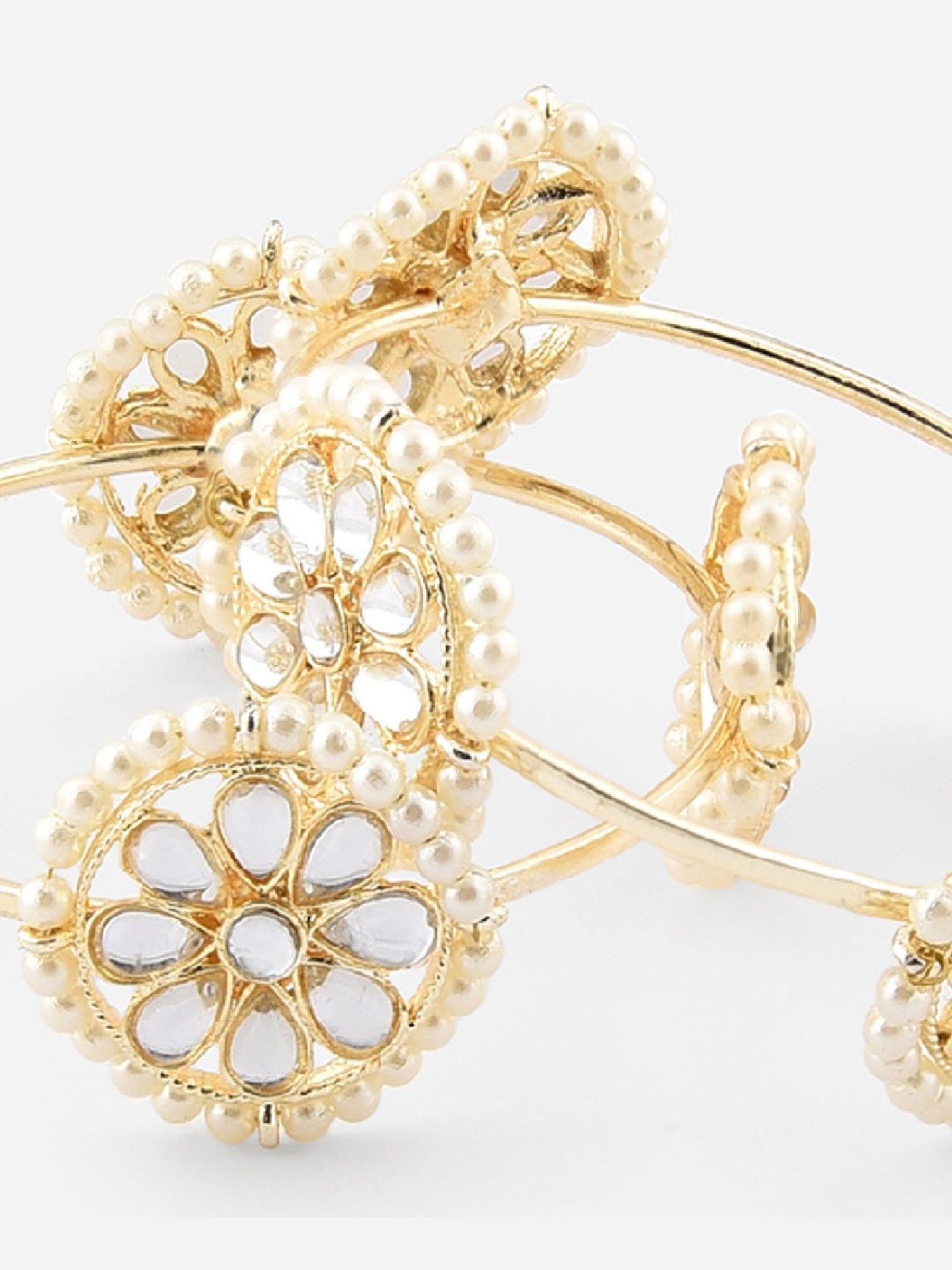 Fida Gold-Plated & White Kundan & Pearl Beaded Ethnic Traditional Bangles for Women - Set of 2