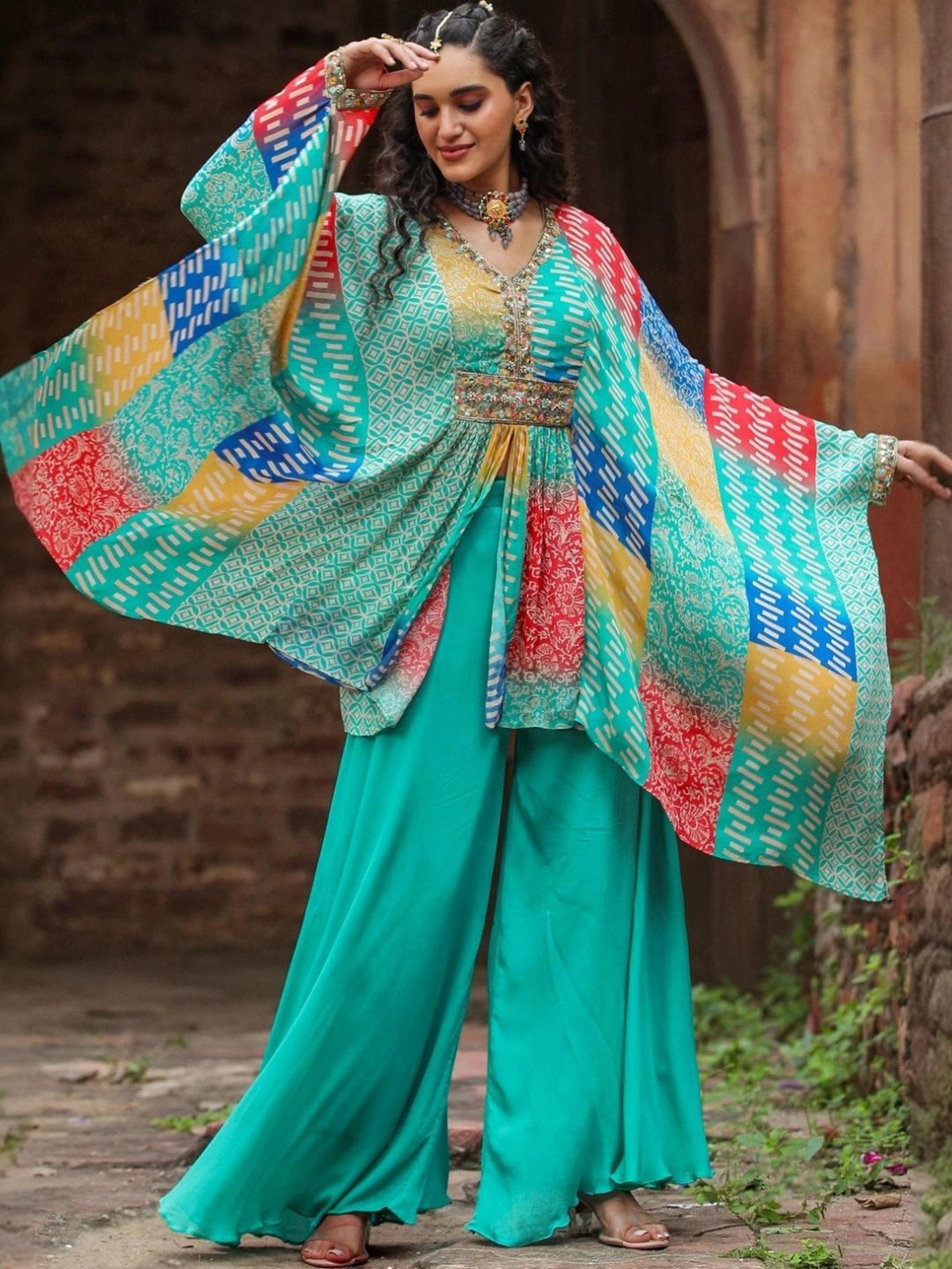 Scakhi Turquoise Chinon Silk Printed Co-ord Set Kaftan With Sharara