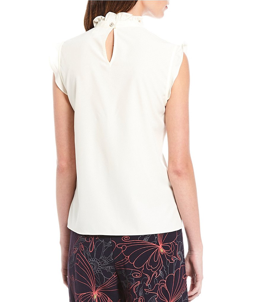 Julie Brown Juliana Stand Ruffle Mock Neck Flutter Shoulder Crepe Blouse