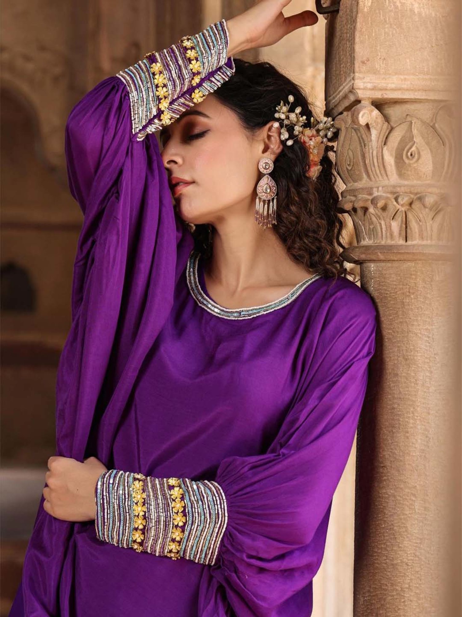 SCAKHI Purple Embellished Tunic Pant Set With Camisole