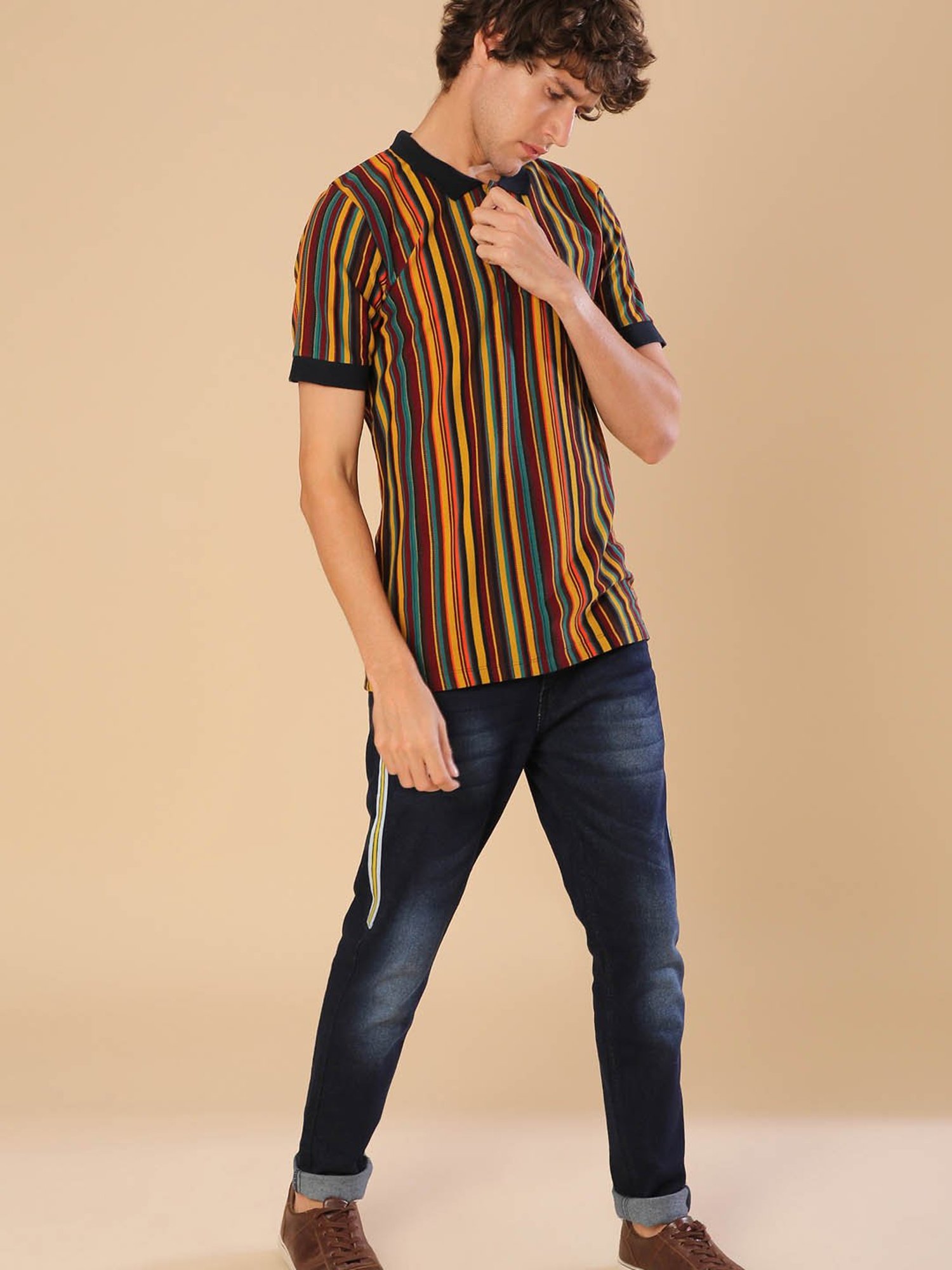 Campus Sutra Brown Striped Polo T-Shirt