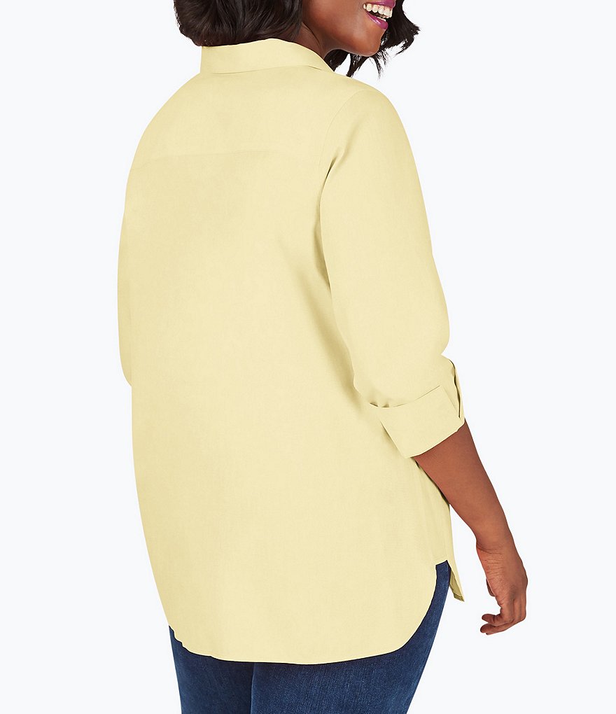 Foxcroft Plus Size Pandora 3/4 Sleeve Spread Point Collar Neck Button Front Shaped Tunic