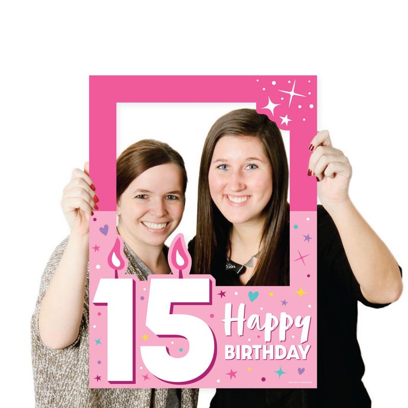 Big Dot of Happiness Girl 15th Birthday - Teen Birthday Party Selfie Photo Booth Picture Frame and Props - Printed on Sturdy Material