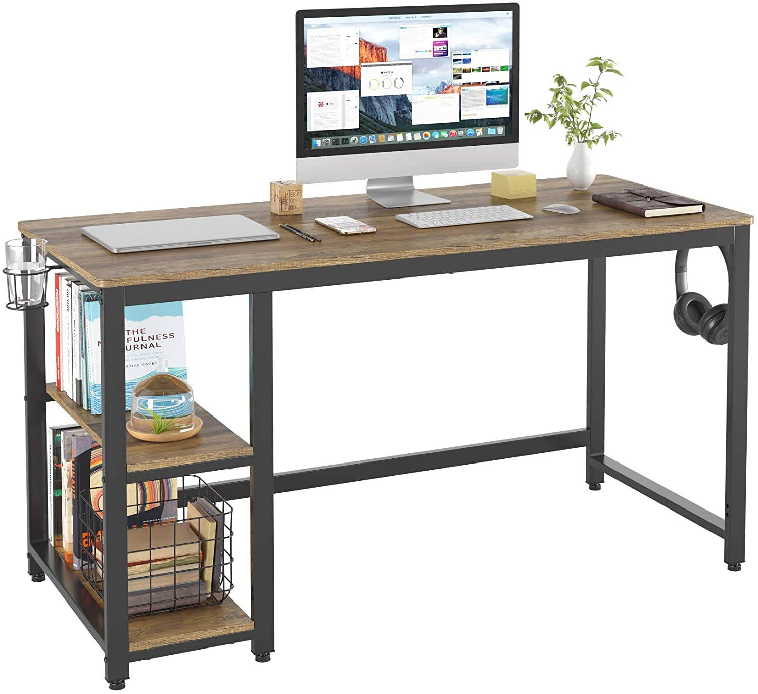 55" Industrial Computer Desk for Home Office, Wood Study Writing Desk with 2 Shelves, Large PC Desk Workstation Gaming Table with Sturdy Metal Frame, Rustic Brown