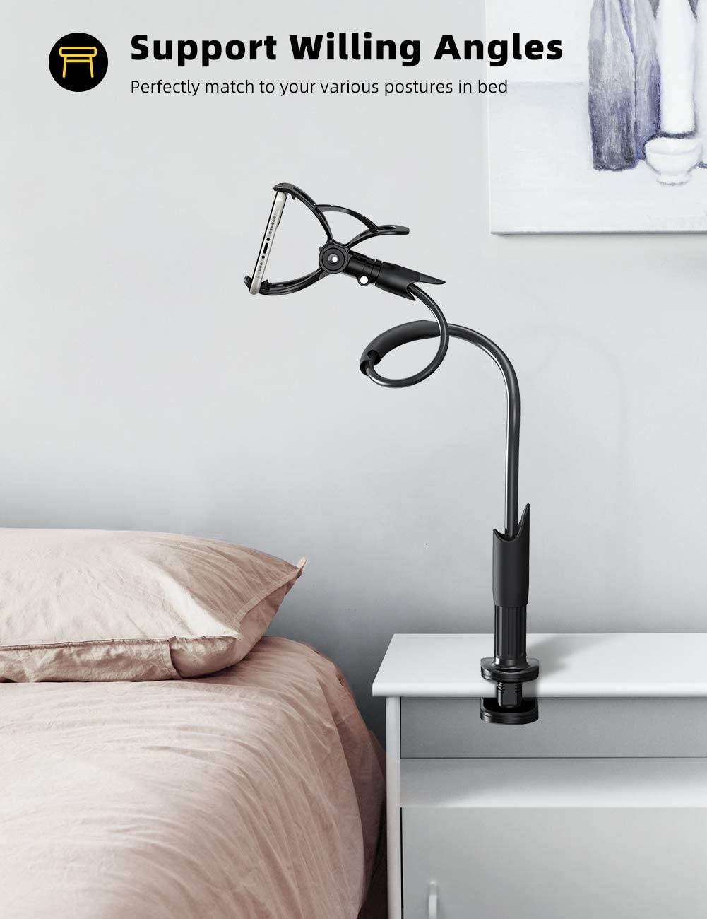 Phone Holder Bed Gooseneck Mount - Lamicall Flexible Arm 360 Mount Clip Bracket Clamp Stand for Cell Phone 11 Pro XS Max XR X 8 7 6 Plus 5 4, Galaxy S10 S9 S8 S7 S6, Overall Length 33.4In(Black)