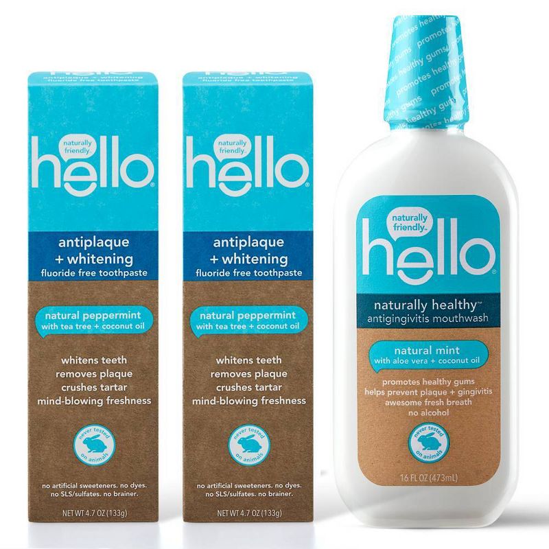 hello Antiplaque + Whitening Fluoride Free Toothpaste Twin Pack + Healthy Antigingivitic Mouthwash