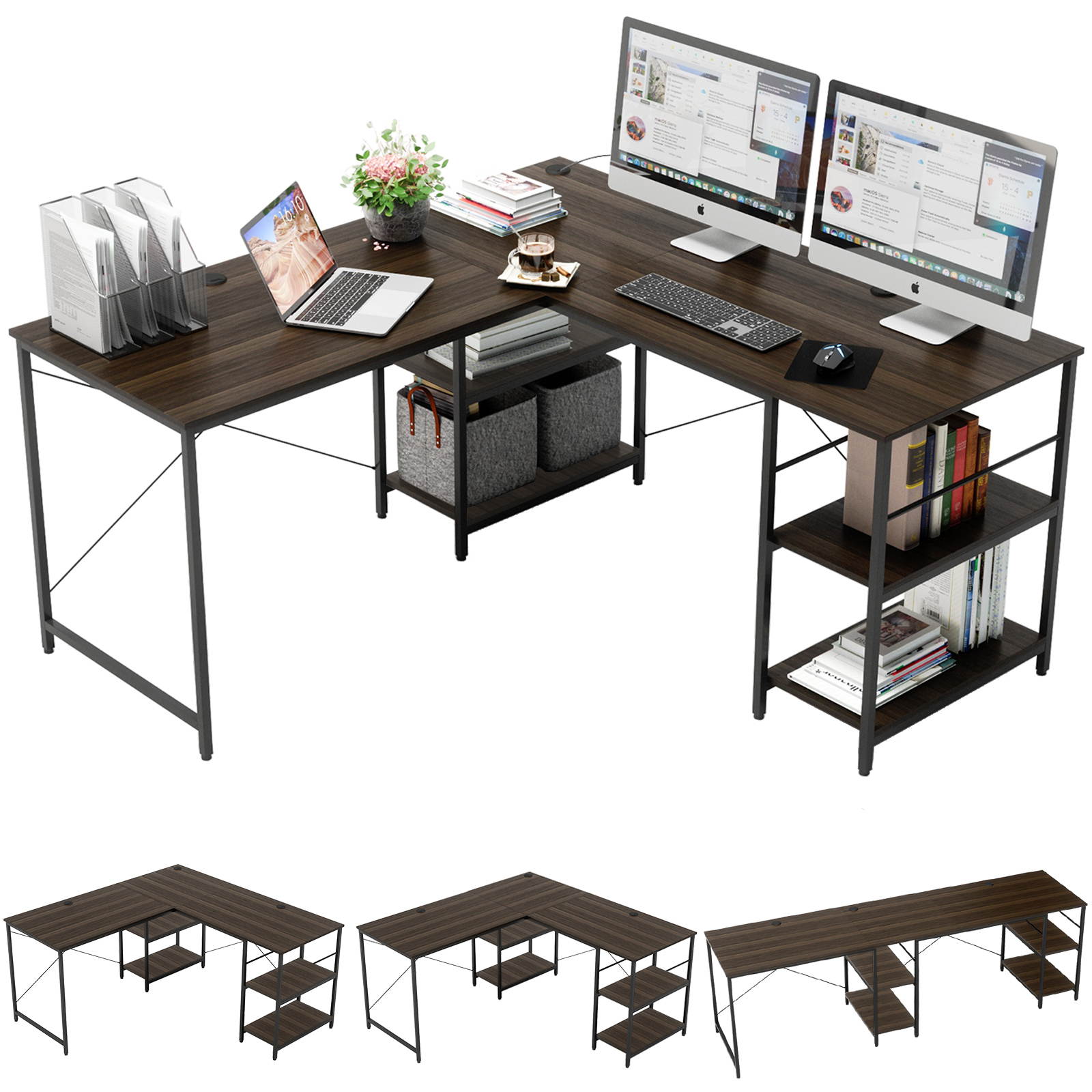Bestier L Shaped Desk with Shelves 95.2 Inch Reversible Corner Computer Desk or 2 Person Long Table for Home Office Large Gaming Writing Storage Workstation P2 Board with 3 Cable Holes, Grey Oak