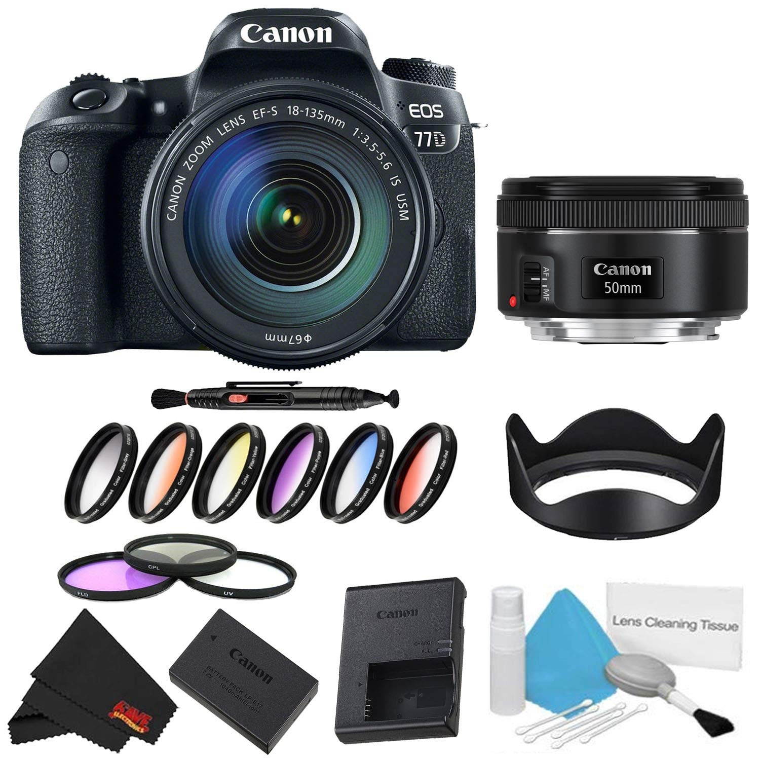Canon EOS 77D DSLR Camera with 18-135mm Lens Bundle w/ 9 Piece Filter Kit + Bonus 50mm Lens (Intl Model)