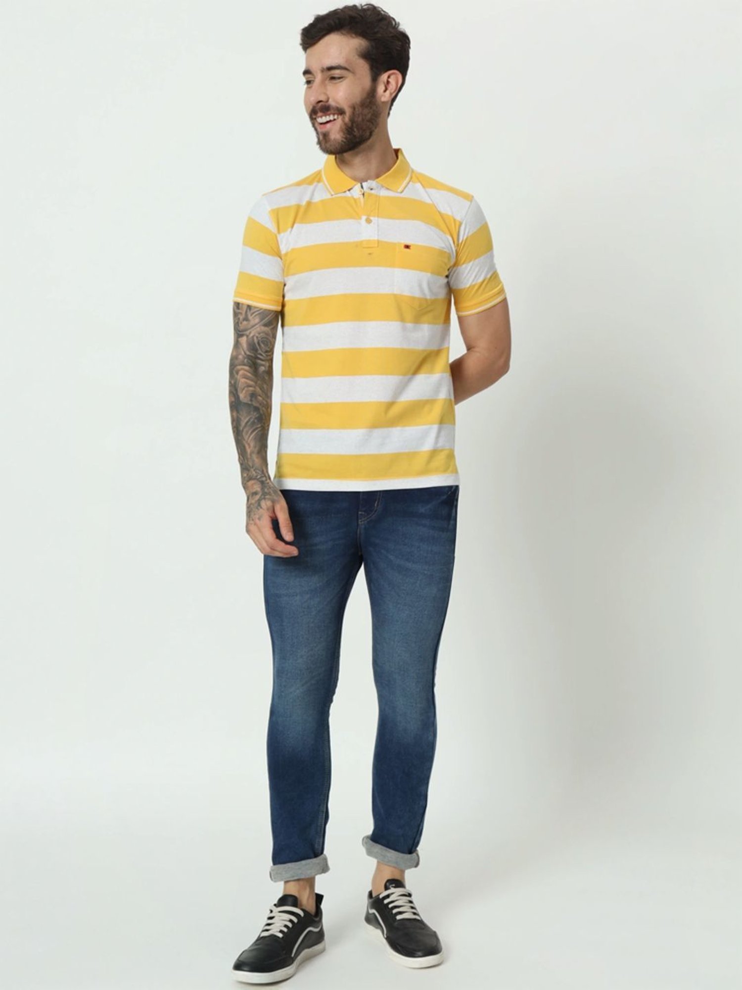 Tab91 Yellow Regular Fit Striped Polo T-Shirts