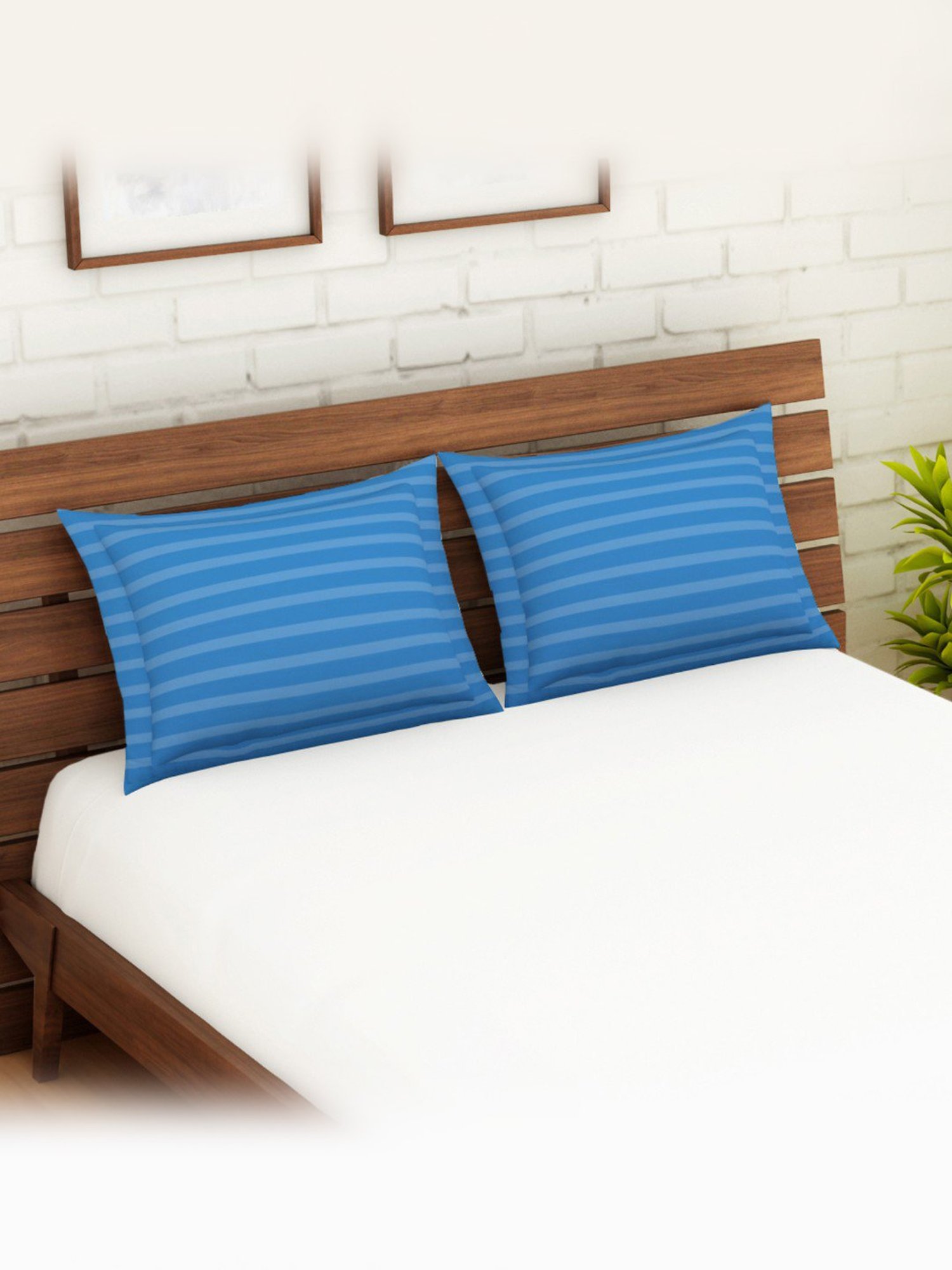Spaces Stripes Blue 210 TC Cotton Pillow Cover - Set of 2