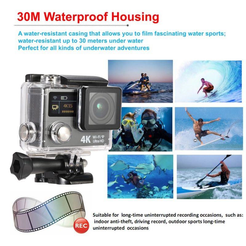 2 Inch Dual Screen LCD Ultra HD Wifi Sports Action Camera 4K 15fps 1080P 60fps 12MP 170&deg; Wide-angle for HDMI Output Waterproof 30m Cam Car DVR FPV