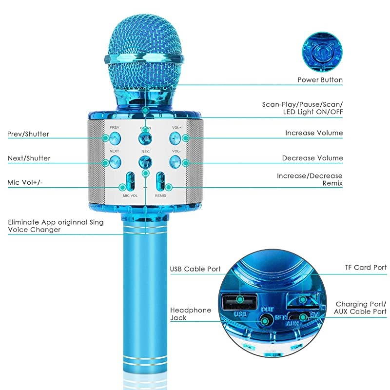 Bluetooth Karaoke Microphone, 5-in-1 Portable Handheld Mic Speaker Player Recorder with Controllable LED Lights, Adjustable Remix FM Radio for Christmas, Birthday, Home Party More (Blue)