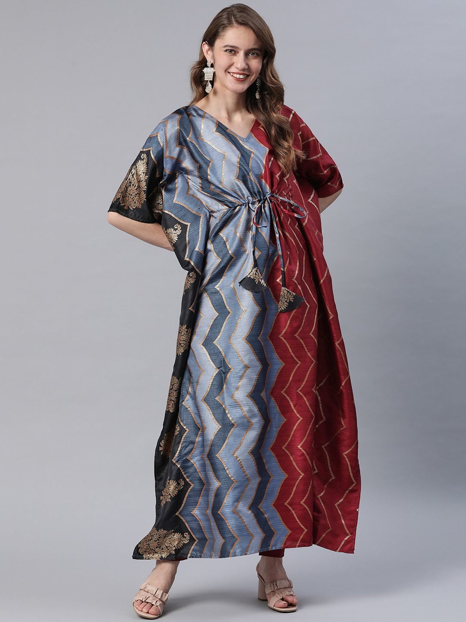Cottinfab Grey & Maroon Printed Kaftan Kurta