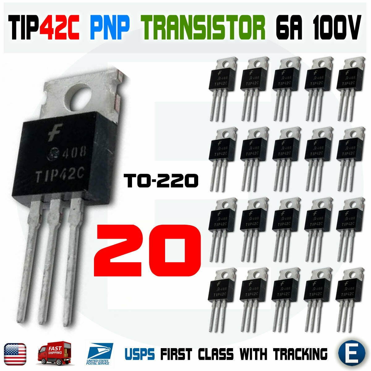 20pcs TIP42C TIP42 PNP Bipolar Transistor TO-220 100V 6A 65W Fairchild USA
