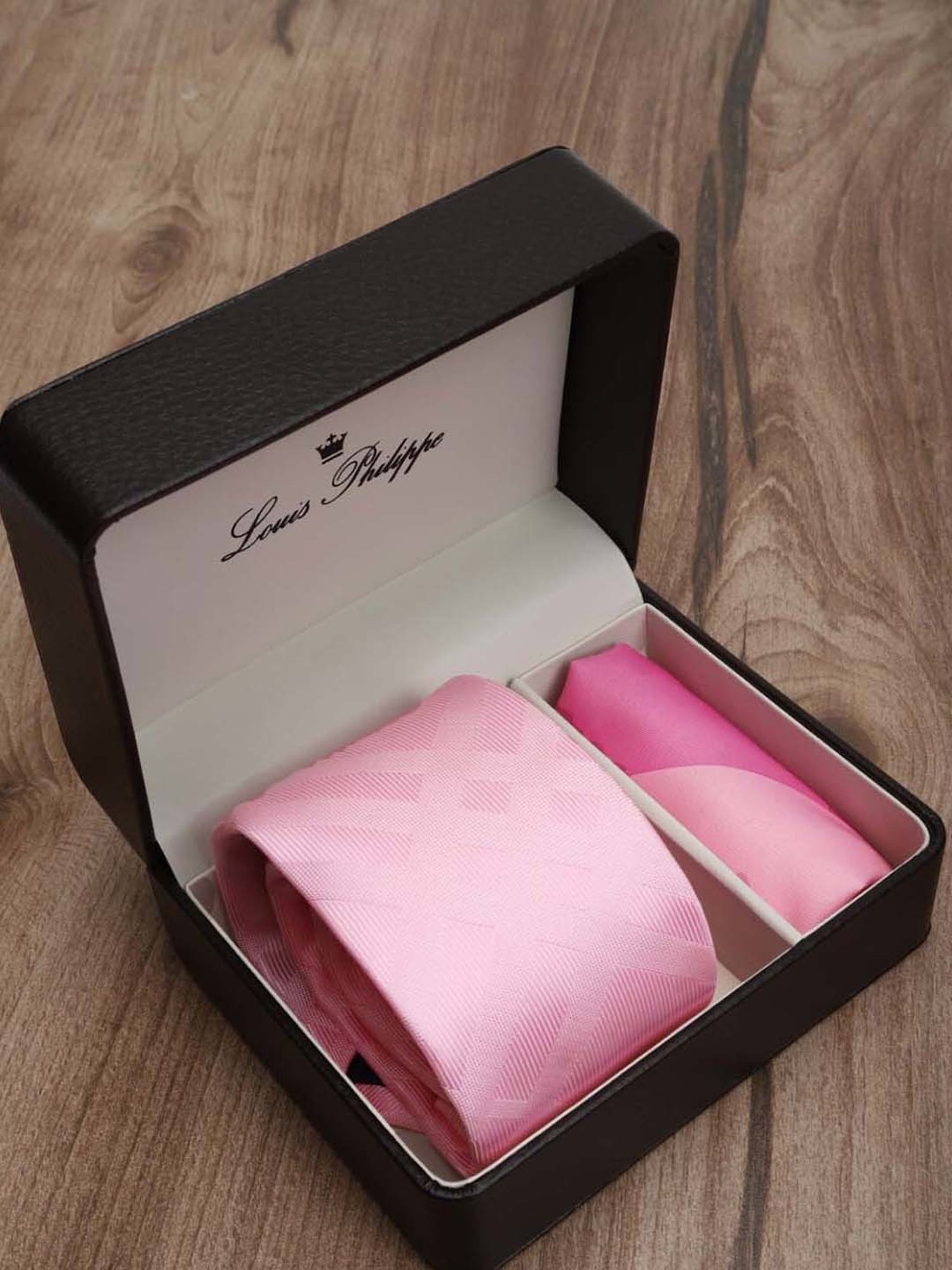 Louis Philippe Pink Textured Tie with Pocket Square