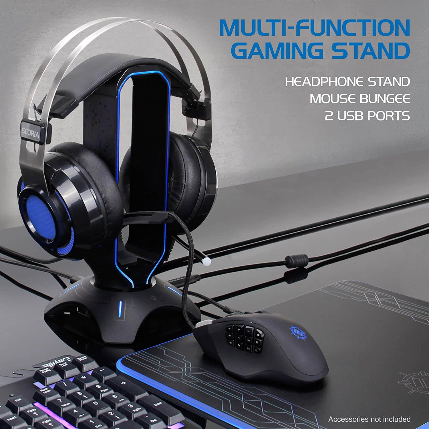 ENHANCE Gaming Headset Stand - LED Headphone Hanger with Mouse Bungee and 2 Port USB Hub - 7 RGB Colors + Color Changing Mode, Headset Hanger, Mouse Bungee 3-in-1 Gaming Desktop Accessory PS4, Xbox