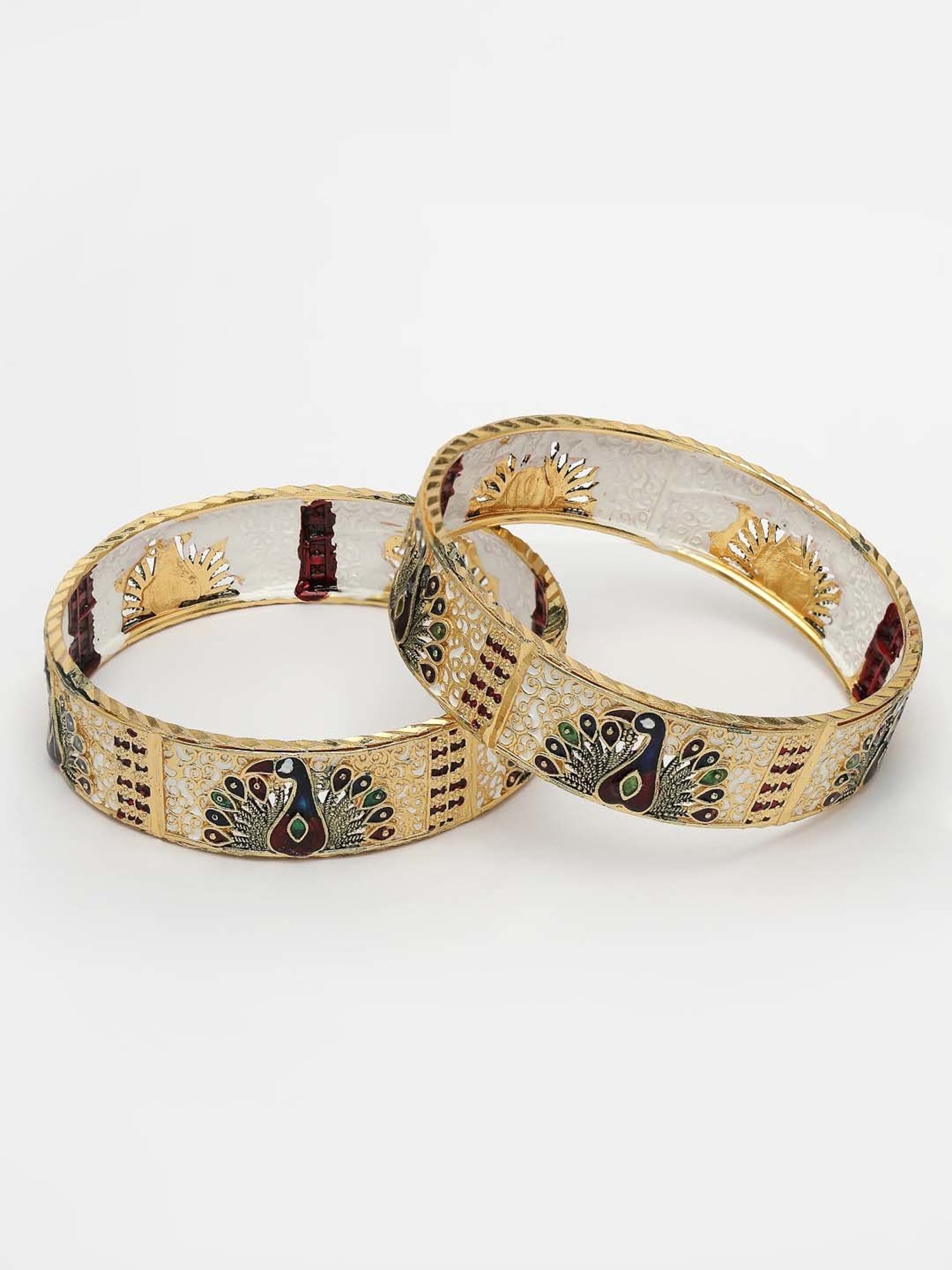 NVR Women Set of 2 Gold-Plated Peacock Design Meenakari Handcrafted Bangles