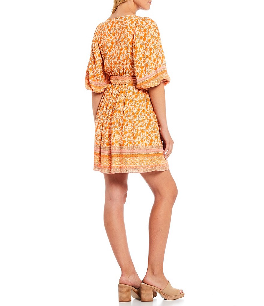 A Loves A Belted Floral Border Print Square Neck Short Puff Sleeve Dress