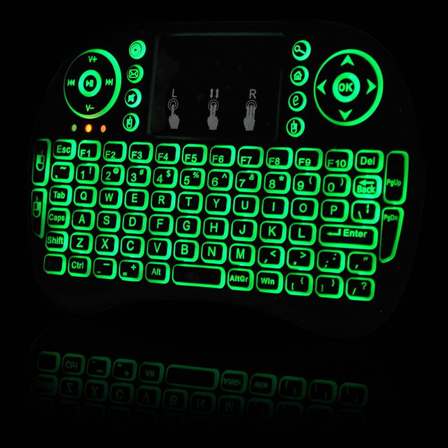 Universal i9 2.4Ghz USB Wireless Keyboard Mouse for Linux Chrome Mac Windows 10 Computer or Android TV Box - Rechargeable Battery - Backlit, Green