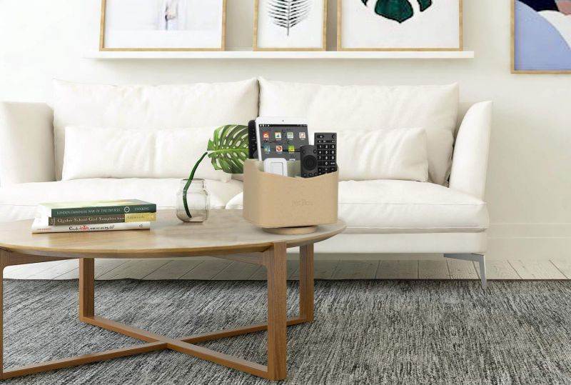 Ostrich PU leather Media Storage Spinning Remote Controller Holder, Remote Control Holder Organizer, Remote Caddy with Beautiful Defined Pattern, Makeup Brush Holder, Beige, 7.3x 5.5 x 6 inches