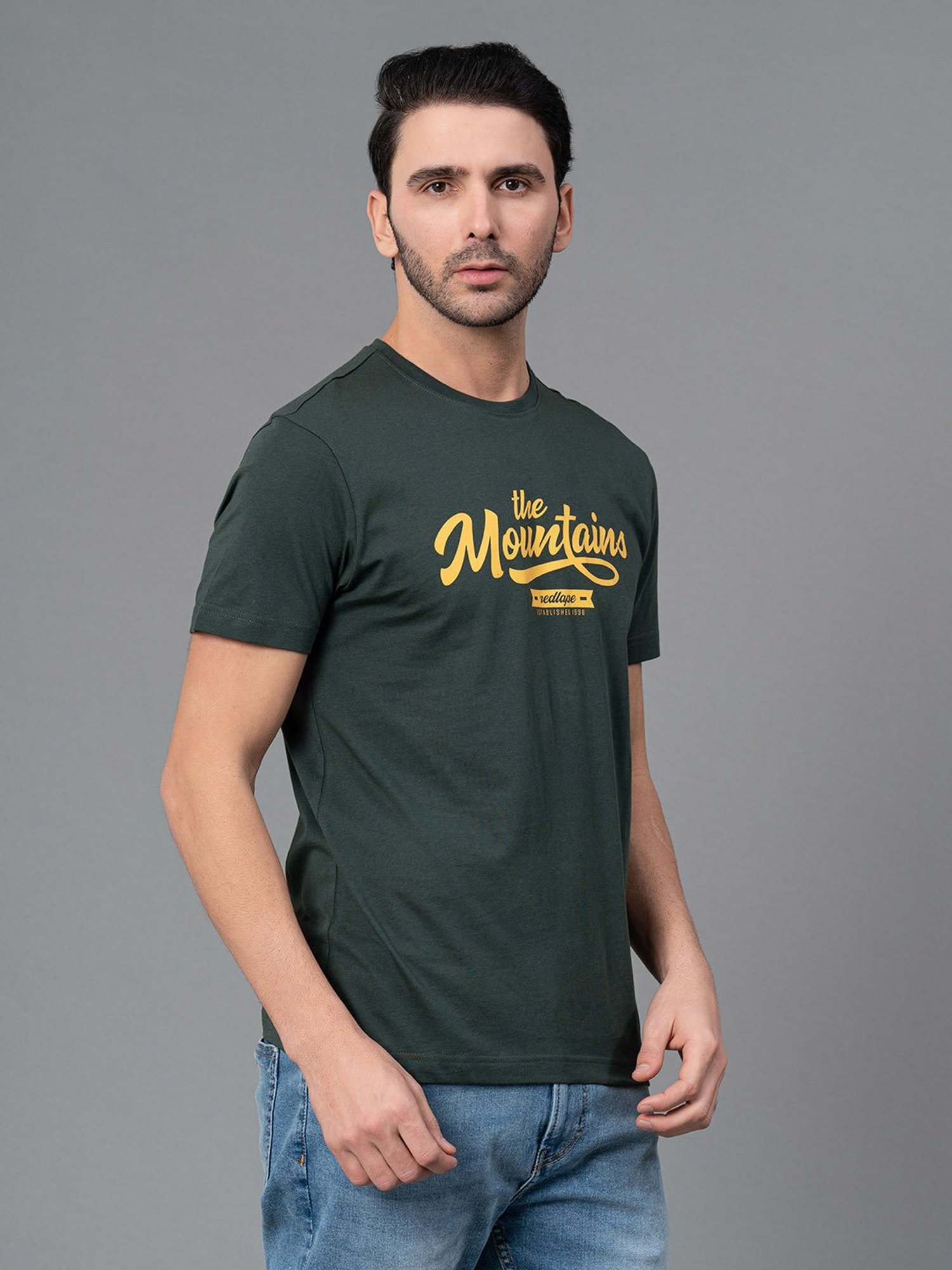 Red Tape Dark Green Regular Fit Graphic Print Cotton Crew T-Shirt