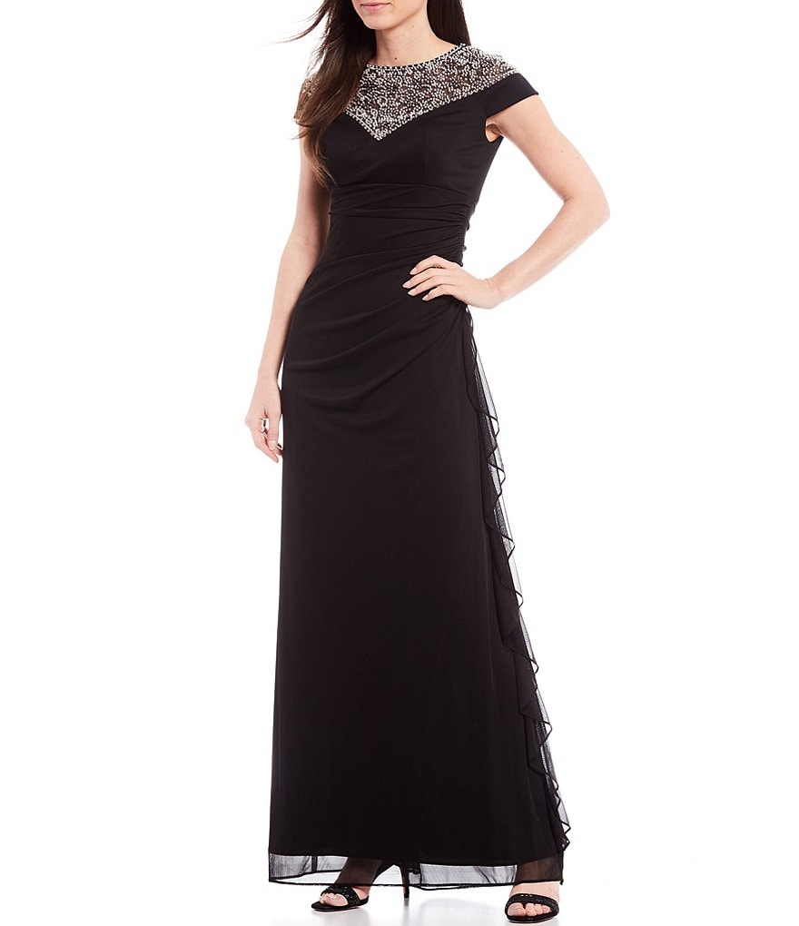 Betsy & Adam Beaded Yoke Side Ruched Cap Sleeve Stretch Jersey Gown