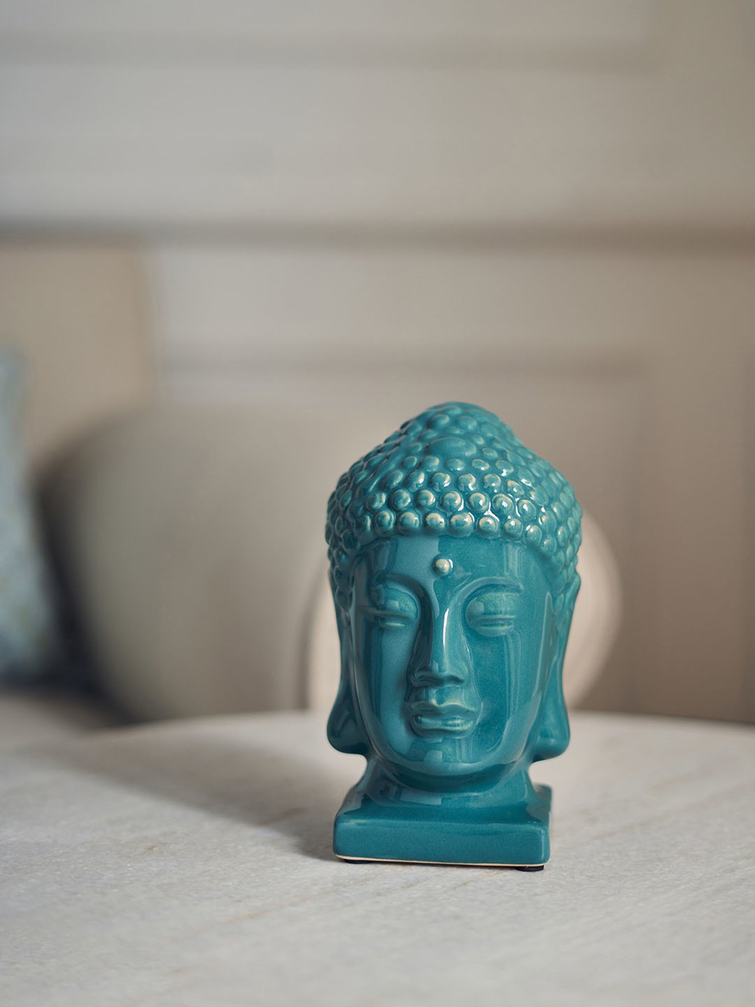Pure Home and Living Teal Ceramic Buddha Head With Base Sculpture