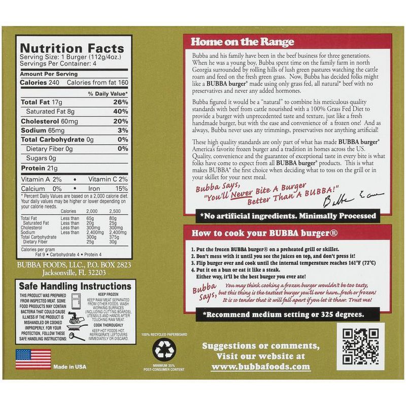 Bubba Burger Grassfed Beef Burgers - Frozen - 4oz