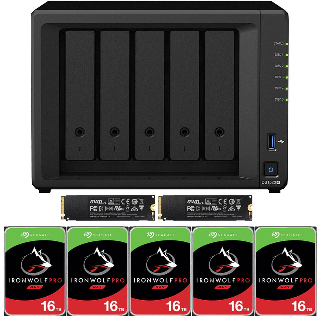Synology DS1520+ DiskStation with 8GB RAM and 60TB (5 x 12TB) of Seagate Ironwolf PRO NAS Drives and 2TB (2x1TB) NVMe Cache Fully Assembled and Tested By CustomTechSales