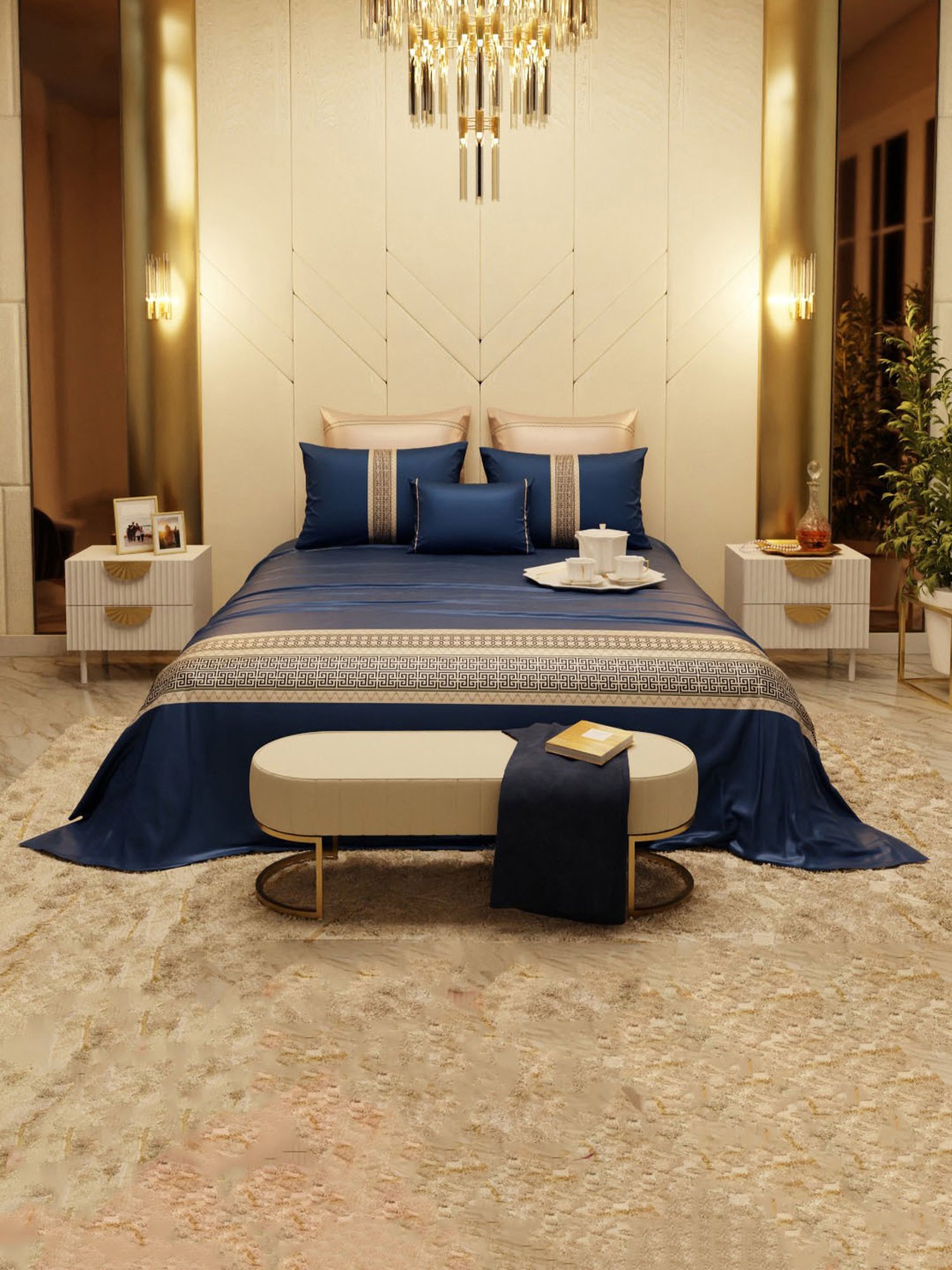 Stoa Paris Sapphire Splendour Navy Blue 300 TC Polyester Super king Crown of Versailles Bedding Set