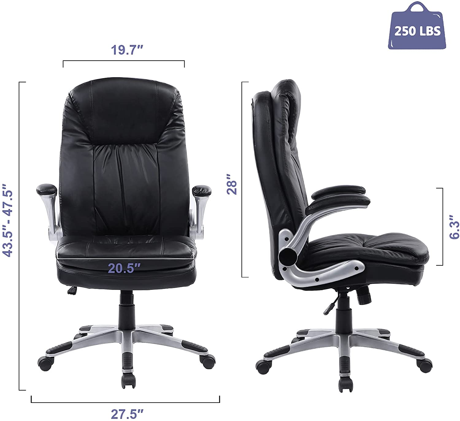 Executive Office Chair Ergonomic Leather Desk Chair with Flip-up Arms Double Padded Seat Cushion and Adjustable Tilt Angle Lumbar Support Office Chair for Home Office Work(9173 Black)