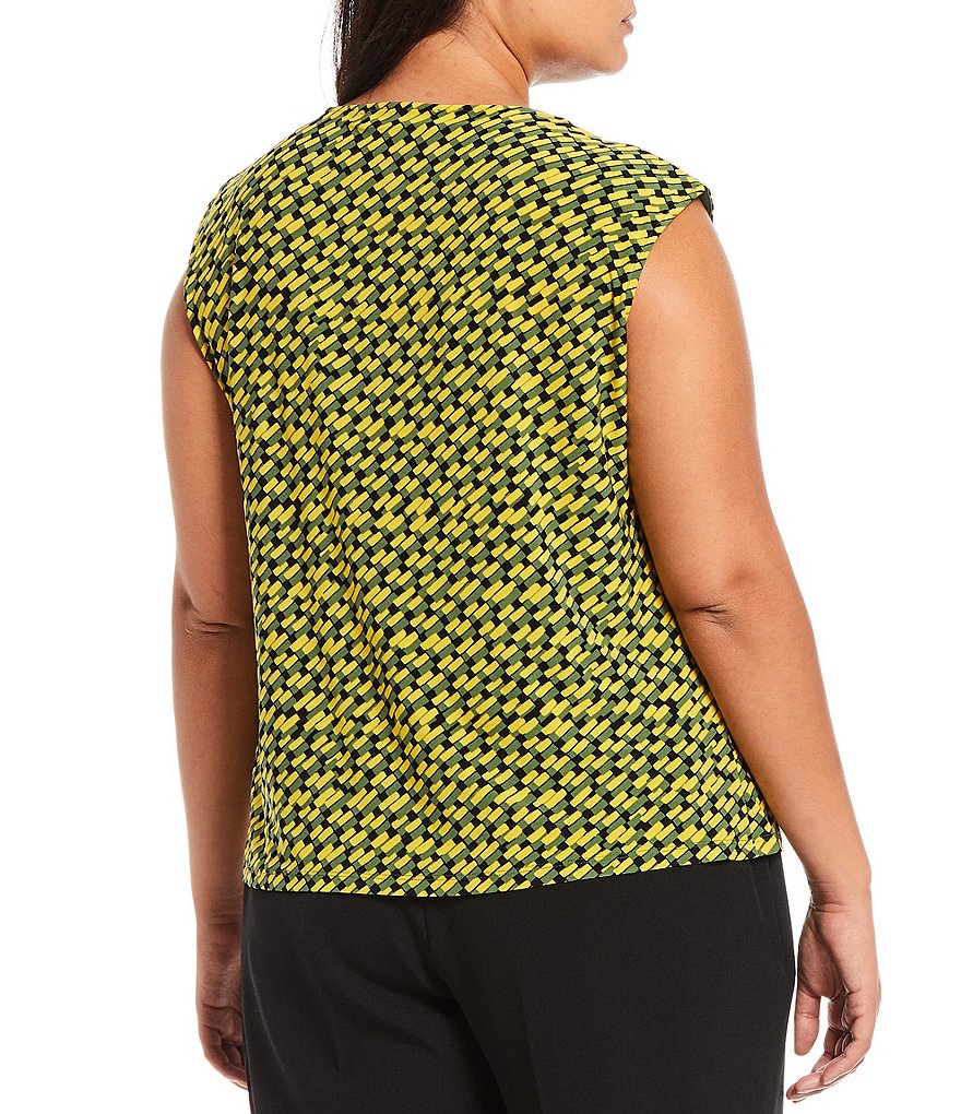 Kasper Plus Size Printed Knit Criss-Cross Round Neck Sleeveless Top