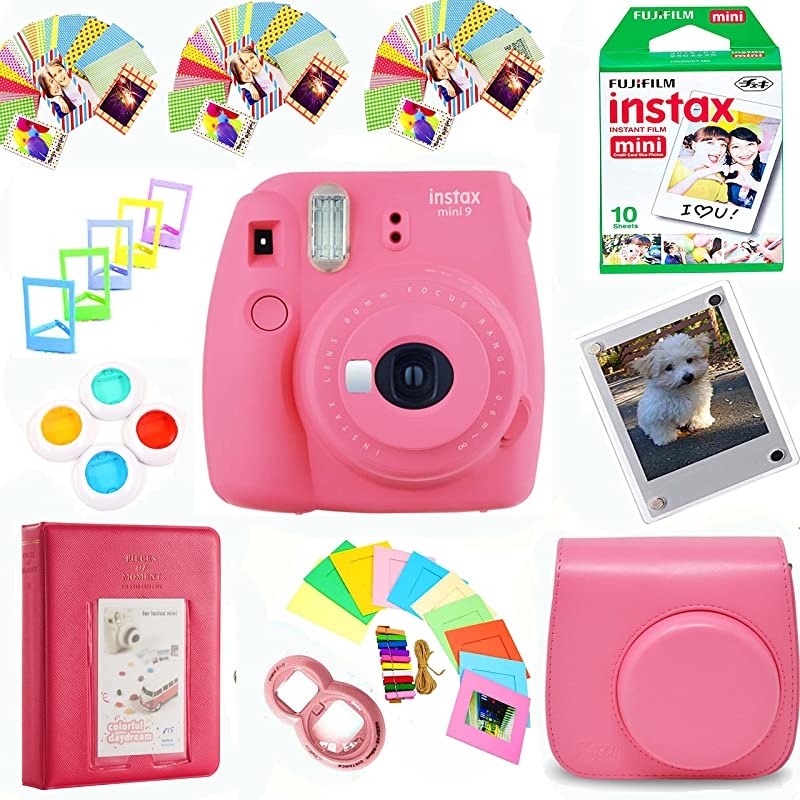Instax Mini 9 Film Camera Flamingo Pink + Film Pack10 Shots + Pleather Case + Filters + Selfie Lens + Album + Frames amp Stickon Frames Exclusive Instax Design Bundle
