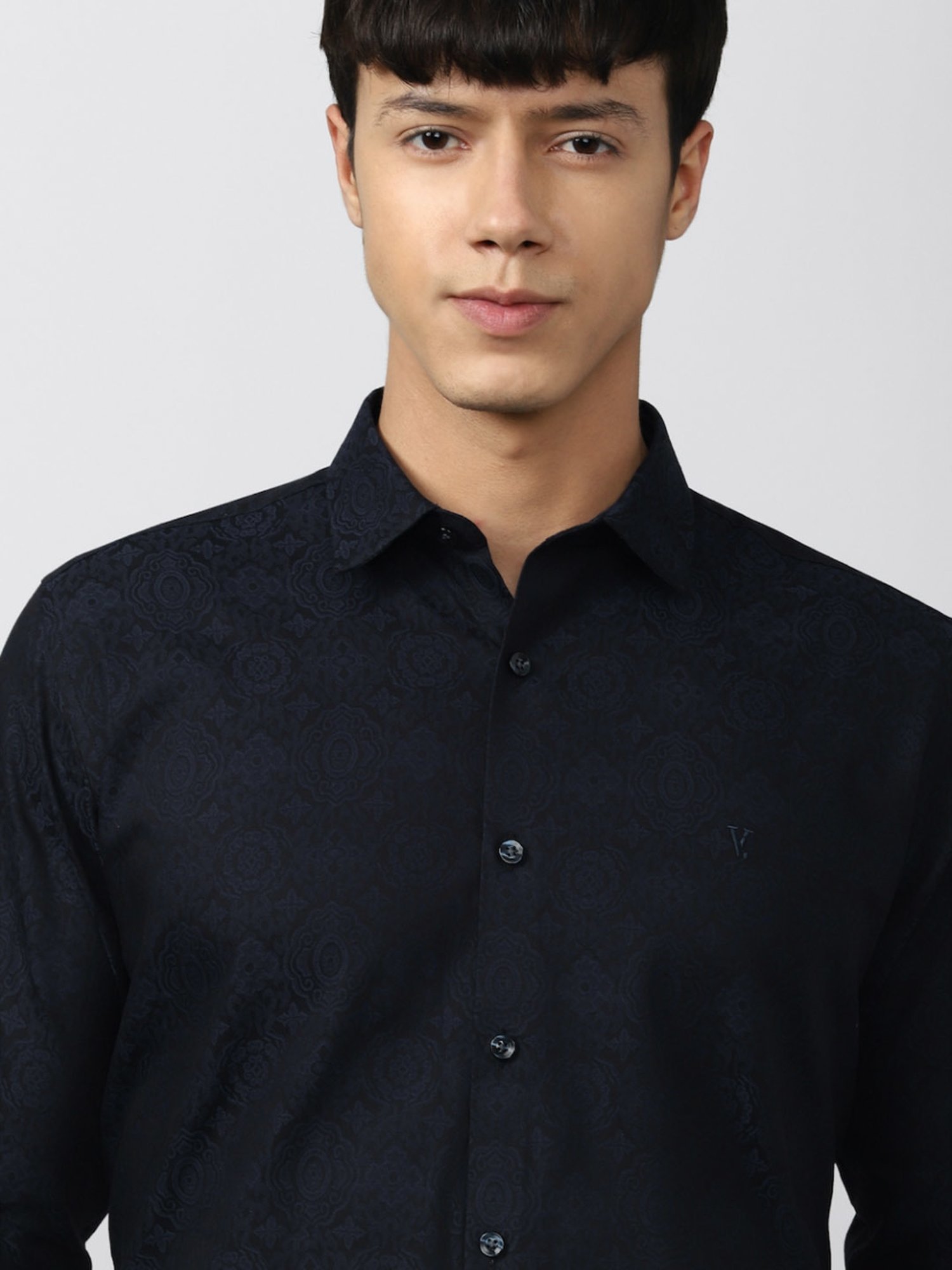 V Dot Navy Blue Cotton Slim Fit Printed Shirt