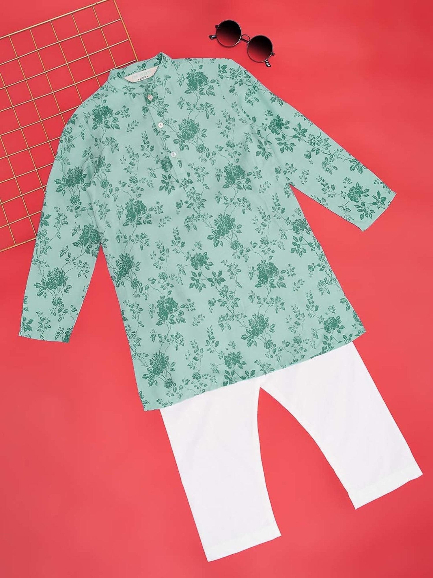 Indus Route by Pantaloons Kids Blue & White Printed Full Sleeves Kurta Set