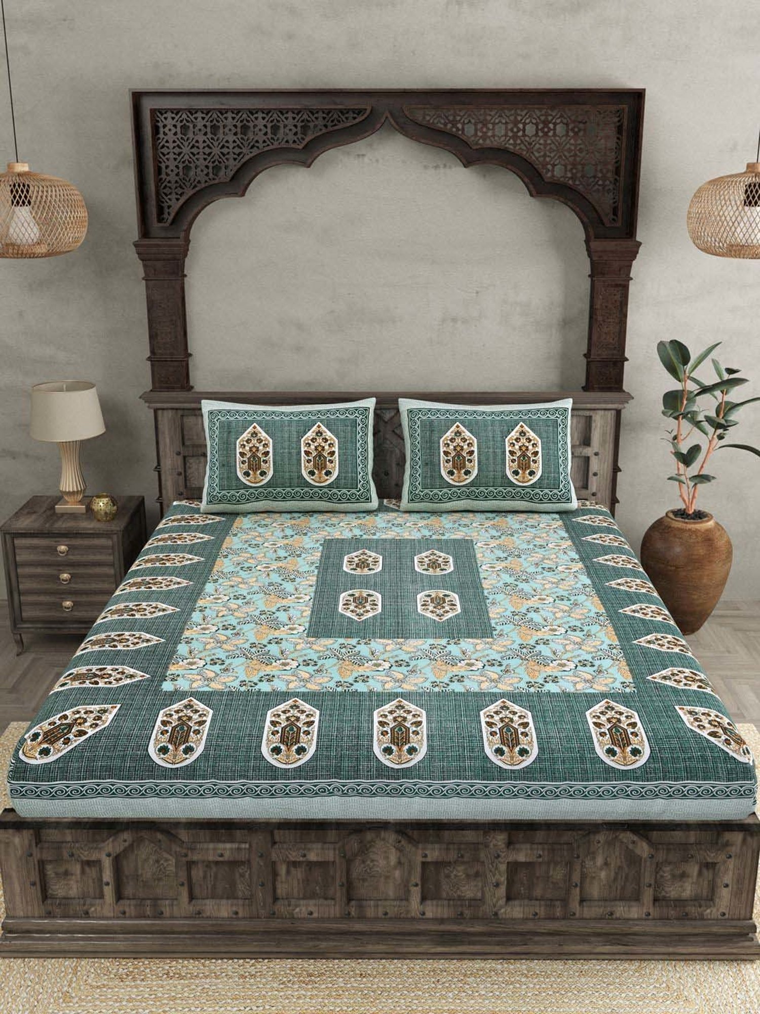 JaipurFabric Hunter Green Cotton 180 TC Double Bedsheet with 2 Pillow Covers