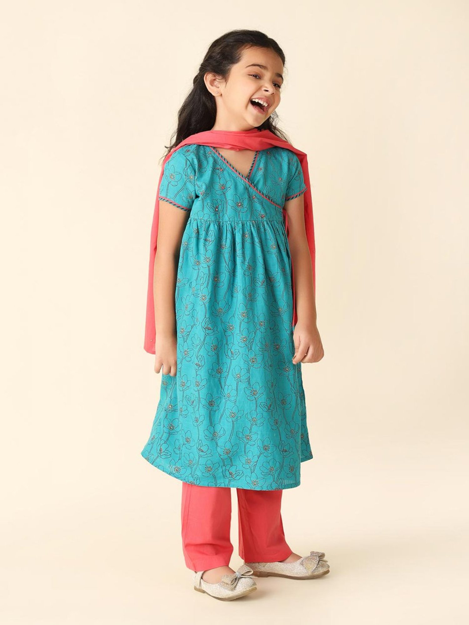 Fabindia Kids Blue & Coral Floral Print Kurta, Salwar with Dupatta