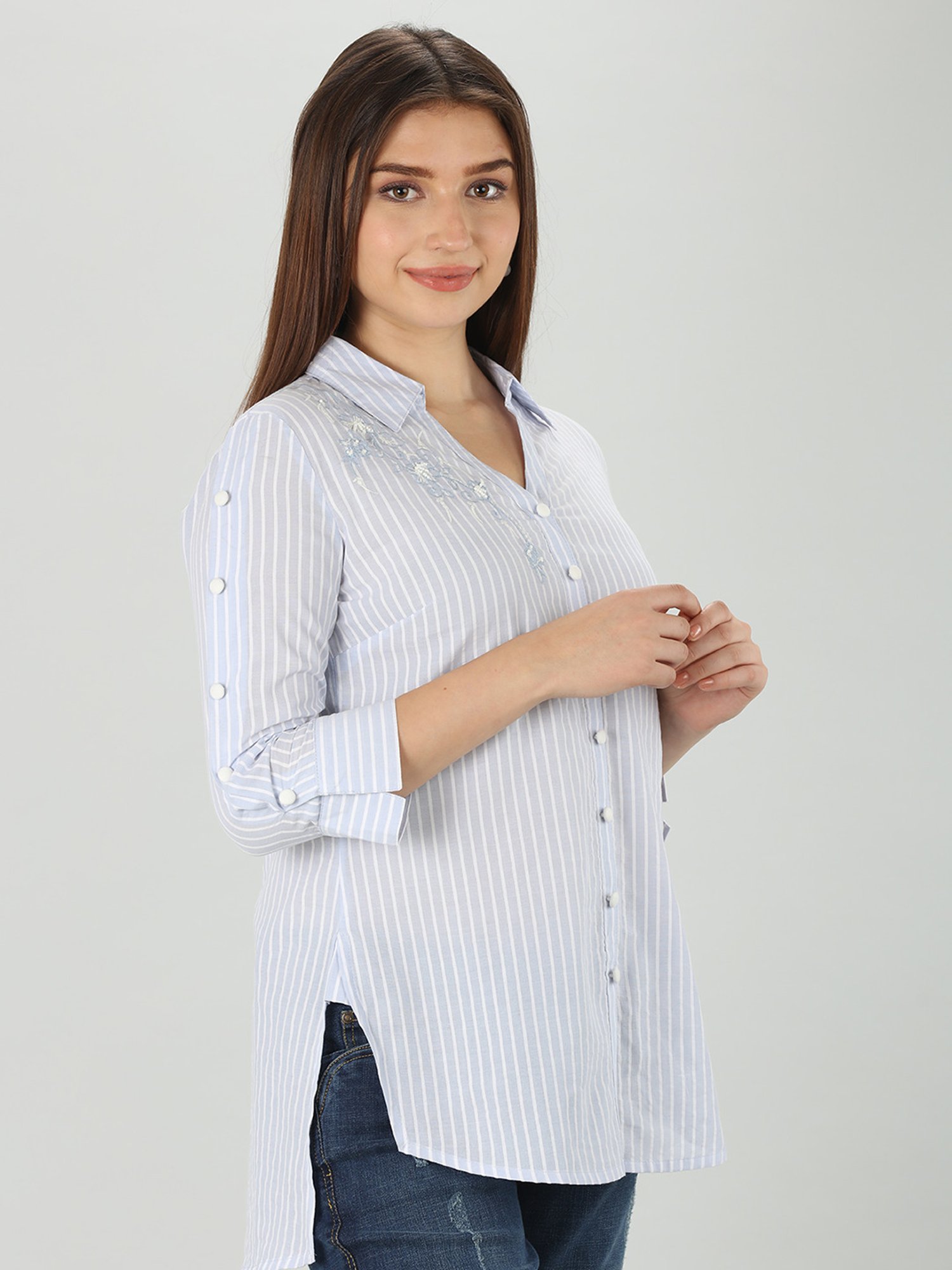 Mustard Blue & White Embroidered Shirt