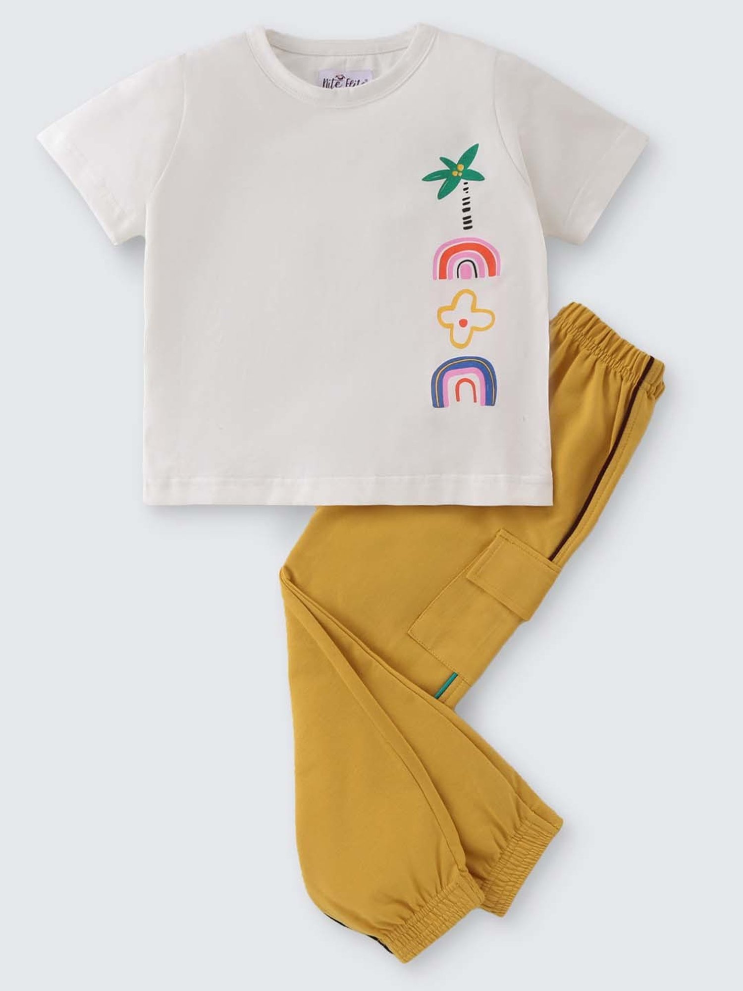 Nite Flite Kids Off-White & Mustard Cotton Printed Top Set