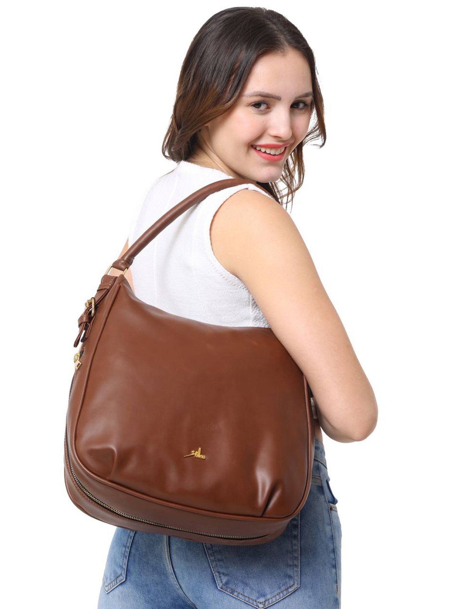 Yelloe Brown Synthetic Solid Hobo Handbag