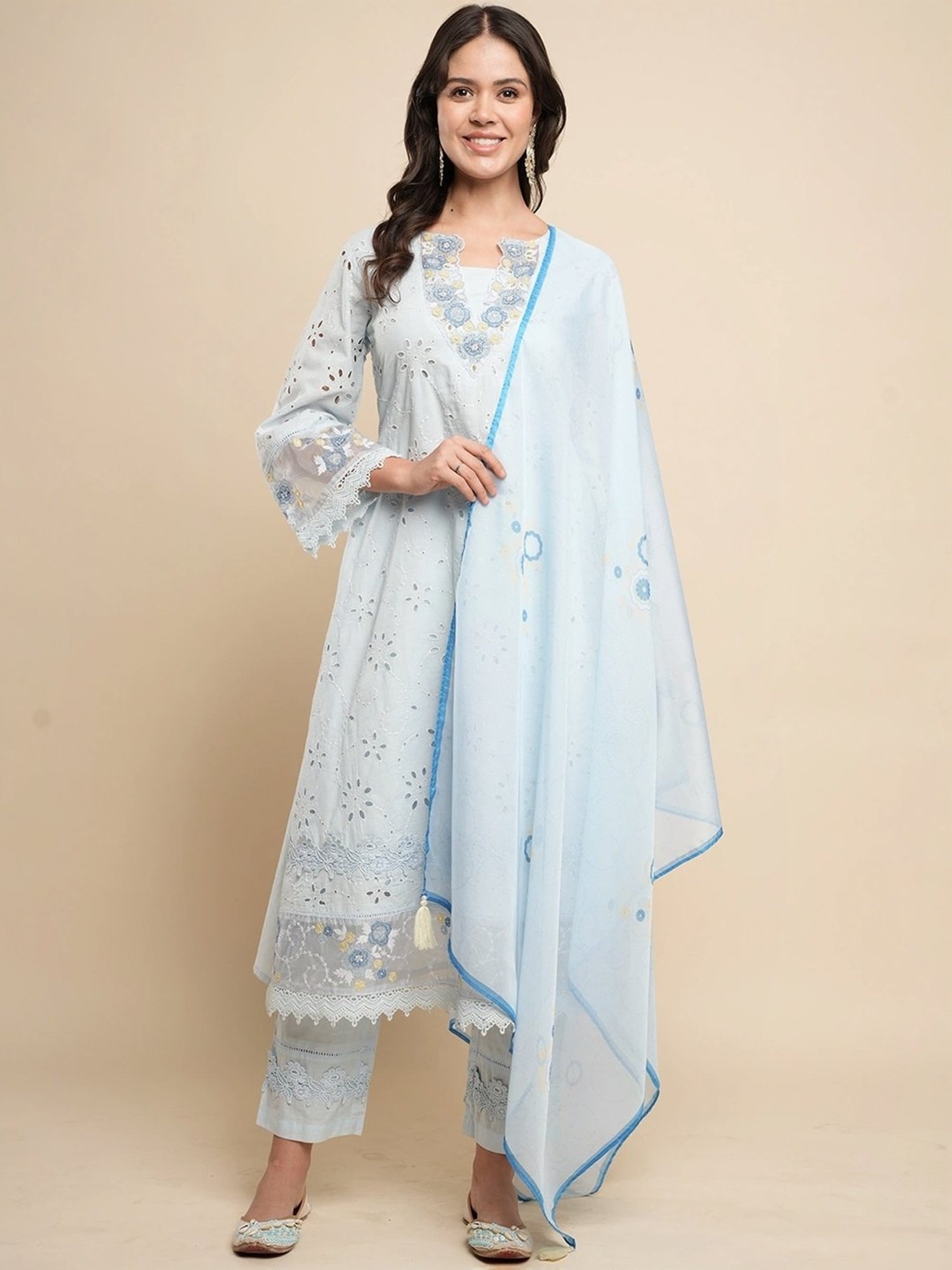 Heeposh Blue Cotton Embroidered Kurta Pant Set With Dupatta