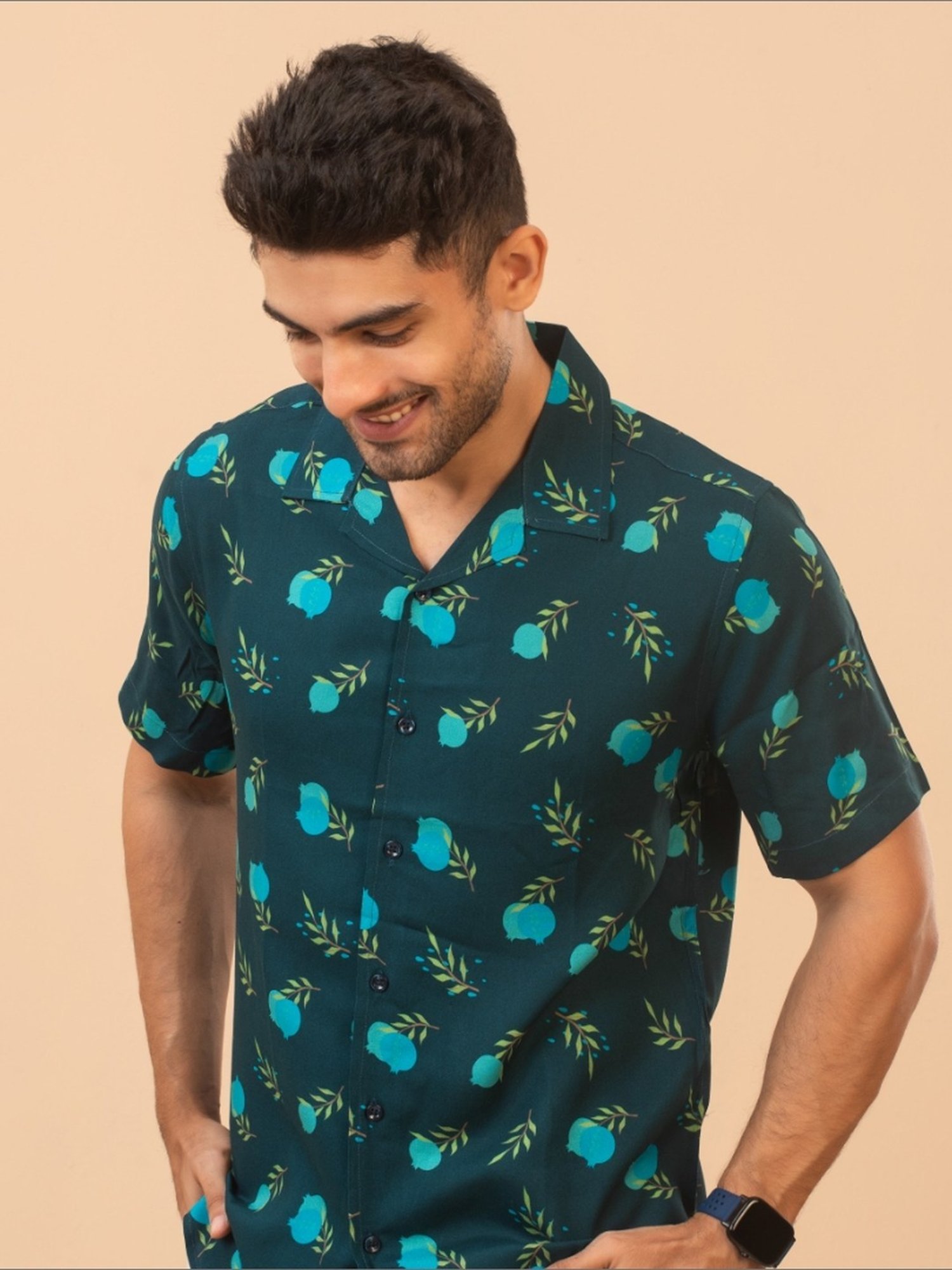 The Bleu Label Teal Cotton Slim Fit Printed Shirt