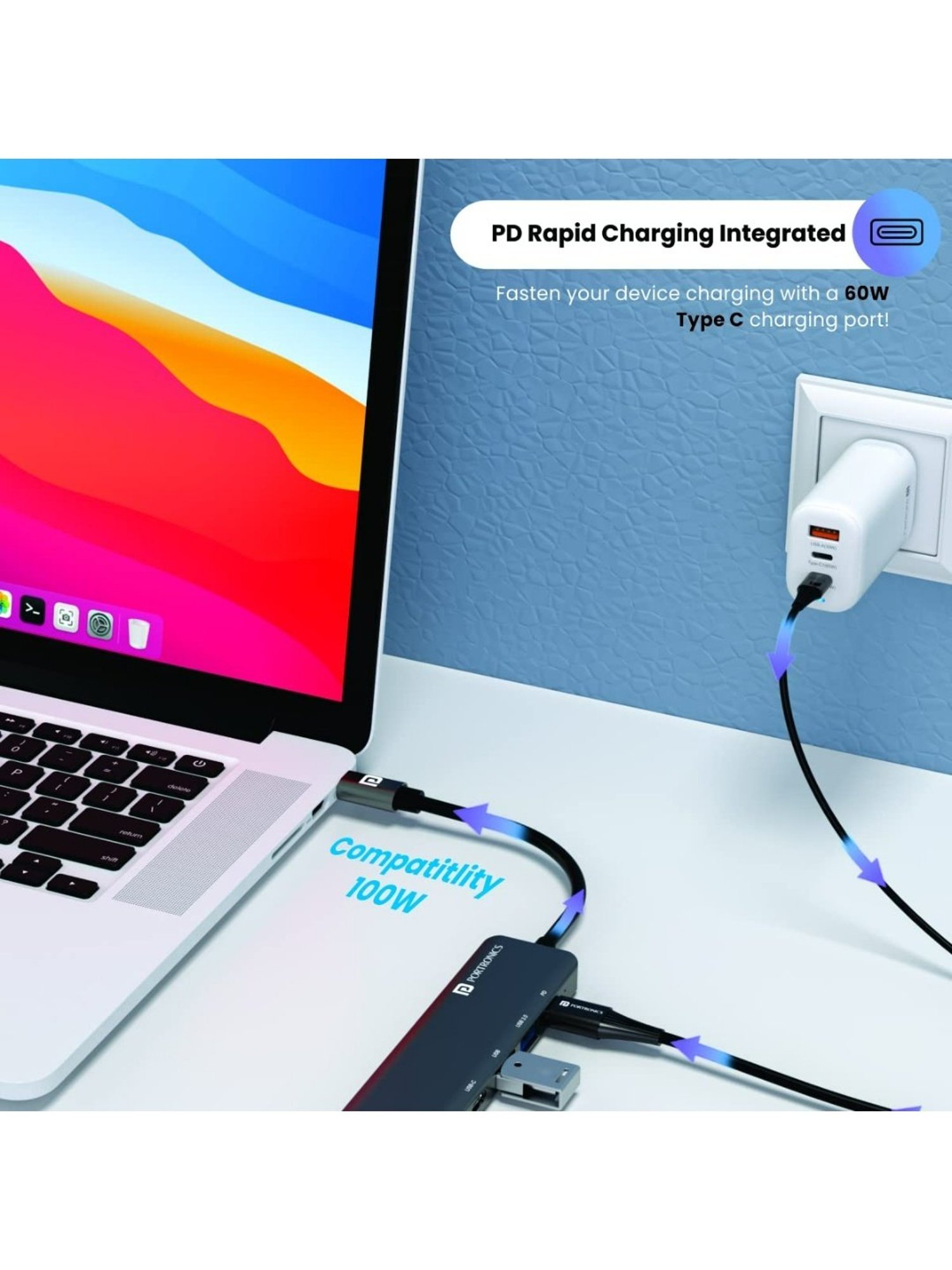 Portronics Mport 52 7-in-1 Type C Hub with 10Gbps Data Transfer, Type C PD 60W Port (Grey)