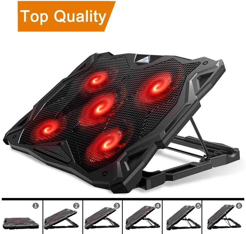 Pccooler Laptop Cooling Pad, Laptop Cooler with 5 Quiet Red LED Fans for 12-17.3 Inch Laptop, Dual USB 2.0 Ports, Portable 6 Angle Adjustable Laptop Stand for Gaming Laptop (PC-R5)
