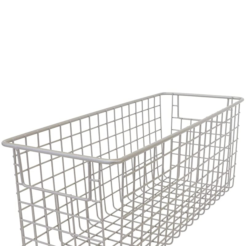 Small Farmhouse Metal Wire Storage Basket Bins with Handles 16" x 6" x 6" Closets, Shelves, Cabinets, Bathrooms (Satin, 2)