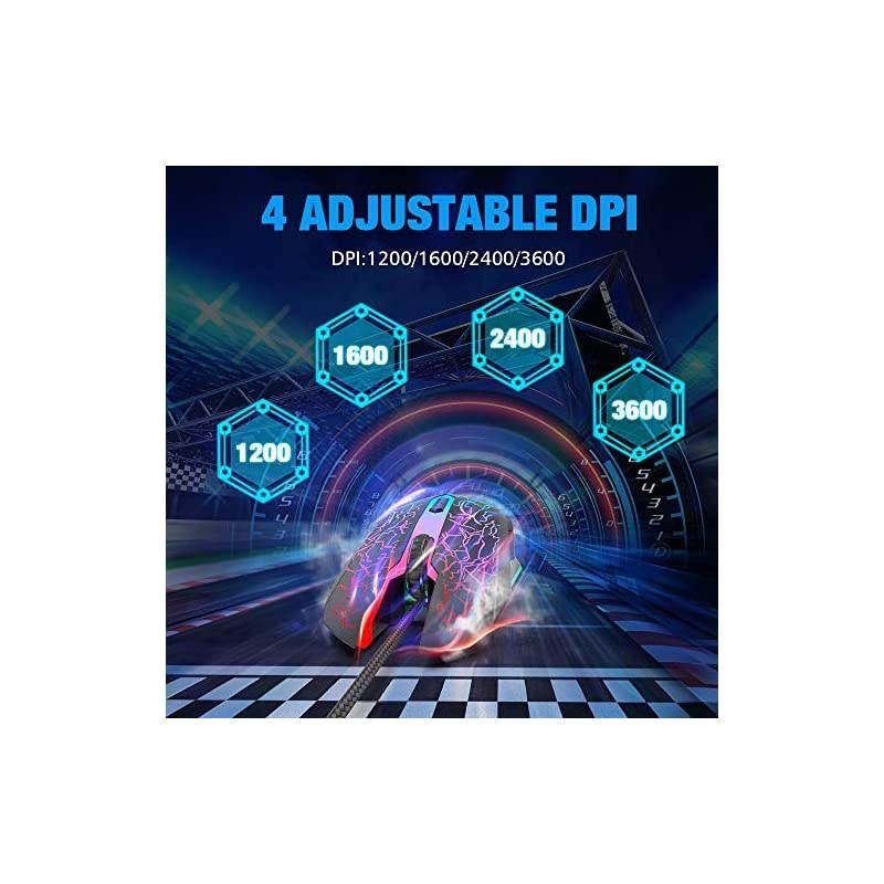 Wired Gaming Mouse, Ergonomic USB Optical Mouse Mice with Chroma RGB Backlit, 1200 to 3600 DPI for Laptop PC Computer Games & Work &ndash;Black