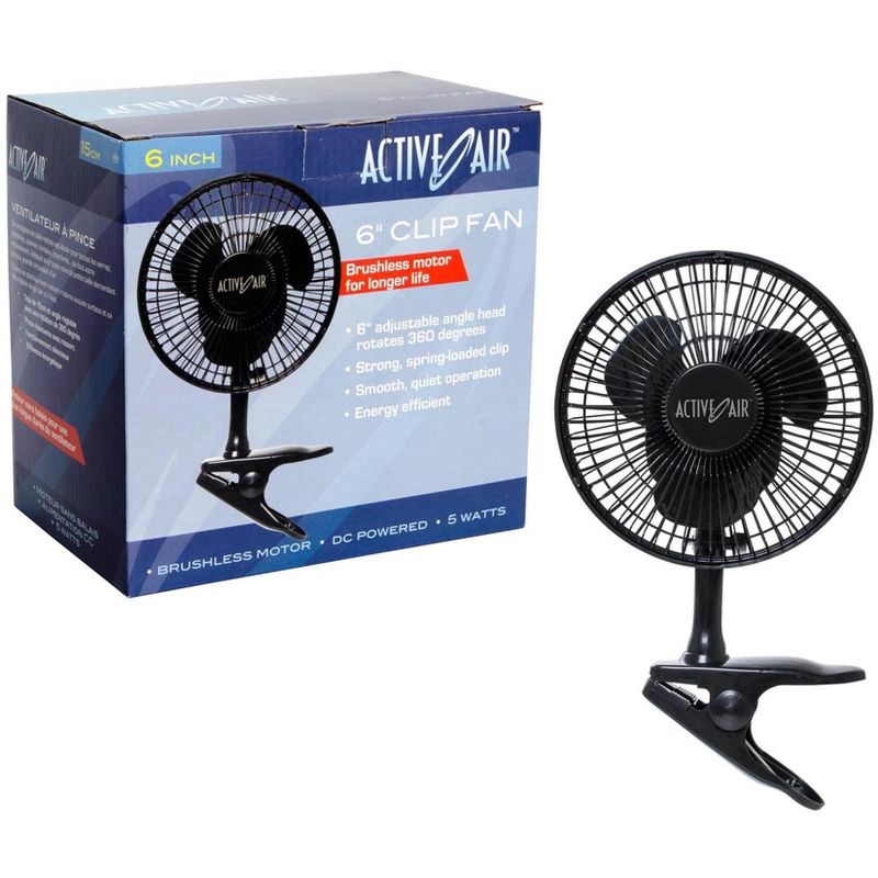 Active Air HORF6 6-Inch Clip-On 360-Degree 5W Brushless Motor Hydroponic Grow Fan with Spring-Loaded Plastic Clip for Gardens, Black