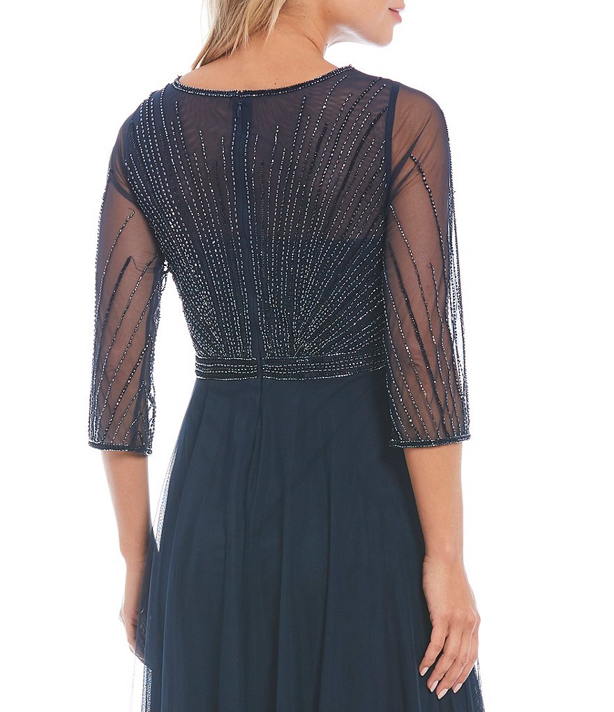 Jkara Beaded Bodice 3/4 Sleeve Crew Neck A-Line Mesh Gown